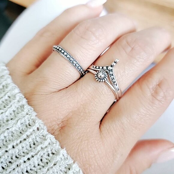 Sterling Silver 3 Ring Set, Beaded Chevron, Band, Flower 925 Women Ring, - Picture 3 of 10